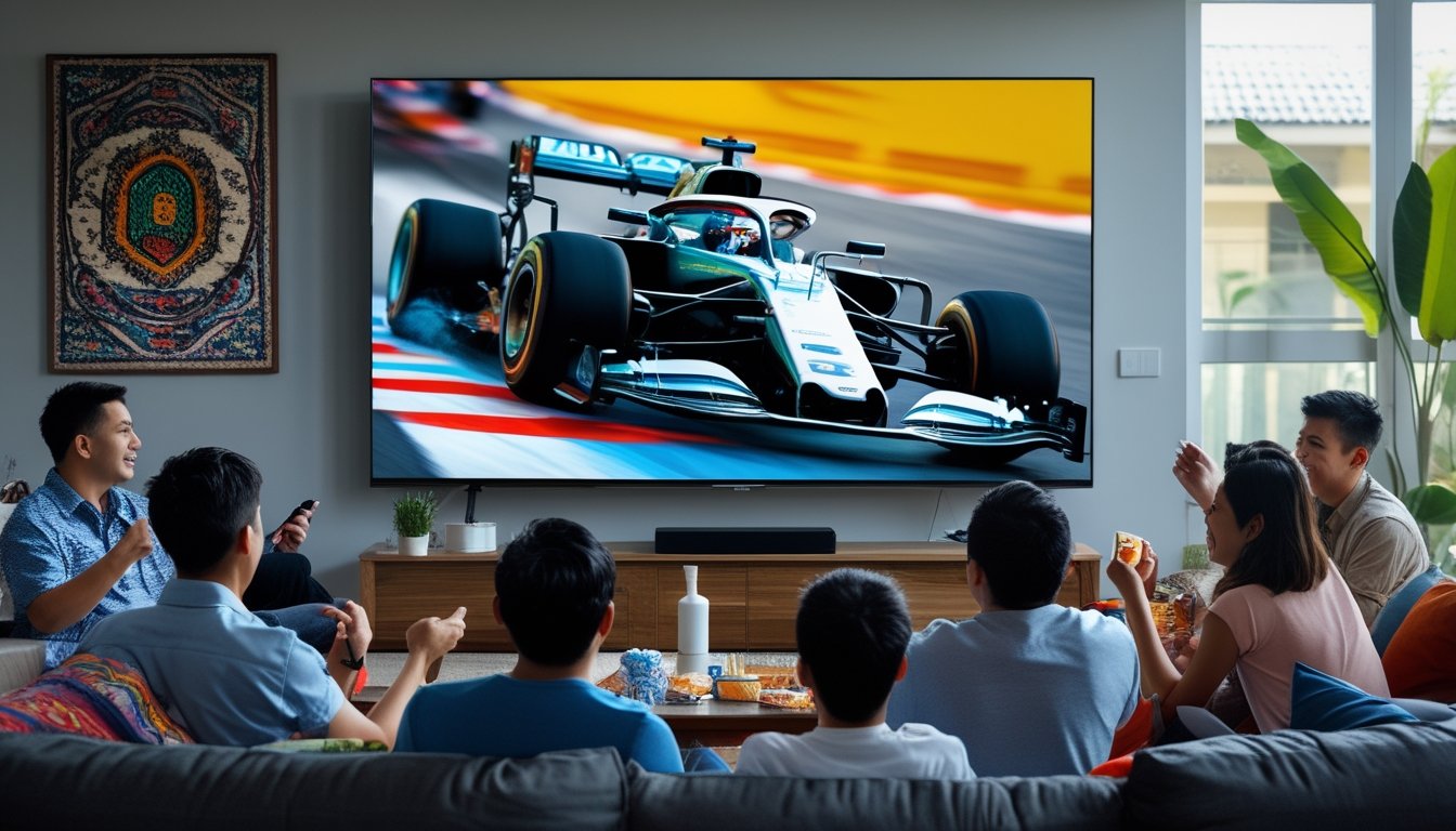 Keluarga Indonesia menonton balapan Formula 1 secara langsung di ruang tamu yang nyaman.