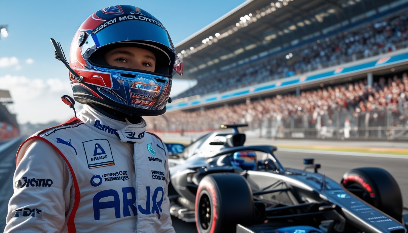 Seorang pembalap F1 pemula berdiri di samping mobil balap di lintasan dengan penonton dan lampu stadion di latar belakang.
