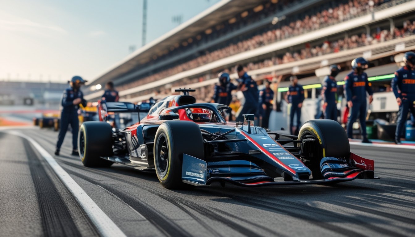 Mobil balap F1 futuristik di lintasan dengan kru tim sedang bekerja di pit stop dan penonton di tribun.