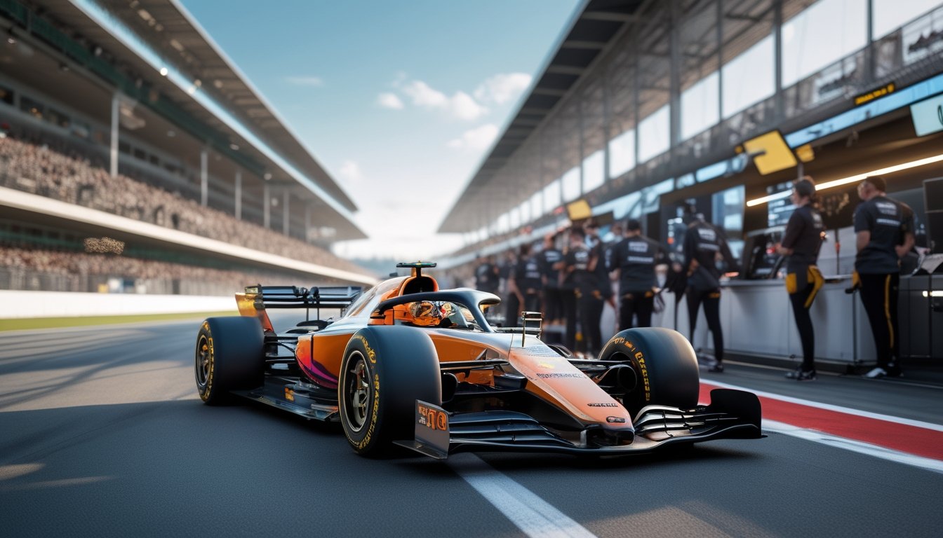 Mobil balap F1 futuristik di lintasan dengan kru pit yang sedang berdiskusi dan layar digital di latar belakang
