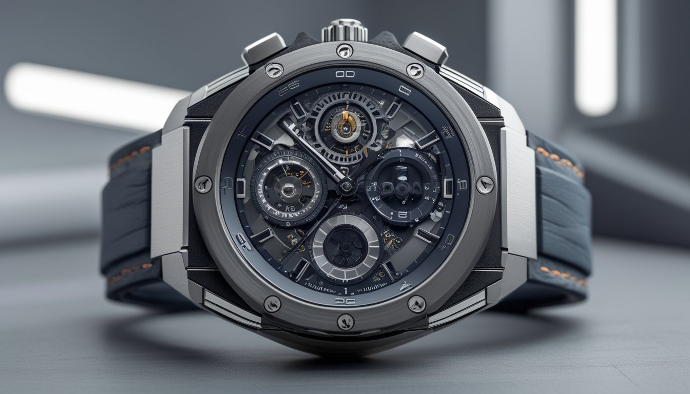 Gambar jam tangan mewah dengan desain futuristik dan bahan berkualitas tinggi, diletakkan di latar belakang minimalis yang menonjolkan detail dan teknologi canggih jam tersebut.