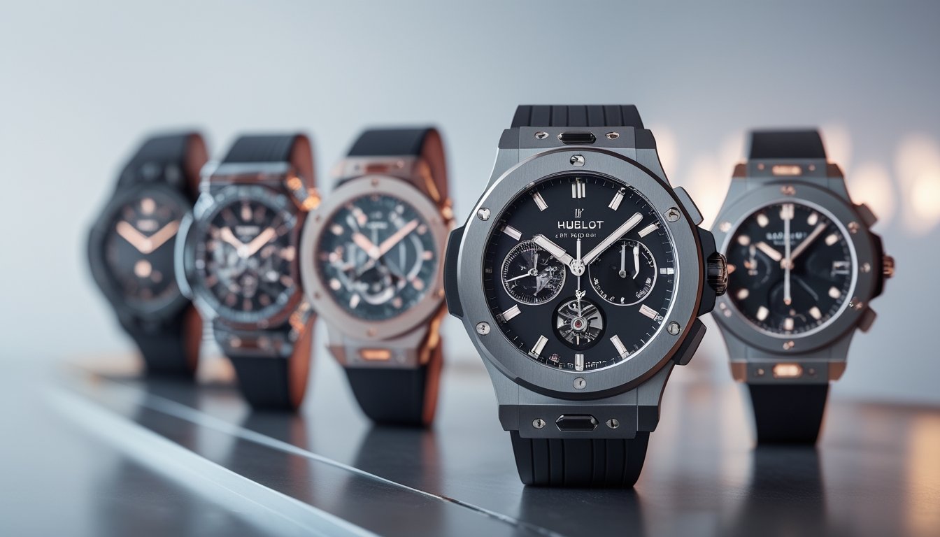 Beberapa jam tangan Hublot mewah dengan desain modern dan bahan canggih, ditampilkan di atas permukaan reflektif dengan latar belakang minimalis.
