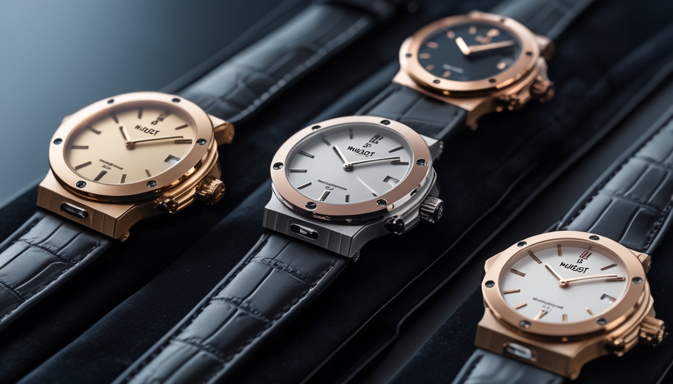 Beberapa jam tangan mewah Hublot terbaru tahun 2026 ditampilkan secara elegan di atas beludru hitam.