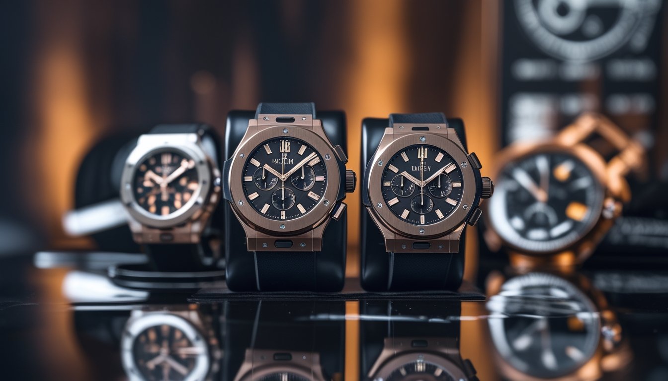 Beberapa jam tangan mewah Hublot terbaru tahun 2026 dipajang di atas permukaan hitam yang mengkilap dengan latar belakang buram dan pencahayaan hangat.