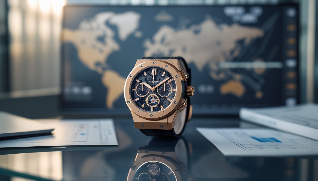 Jam tangan mewah Hublot diletakkan di atas meja kaca dengan latar belakang peta dunia dan grafik pasar saham.