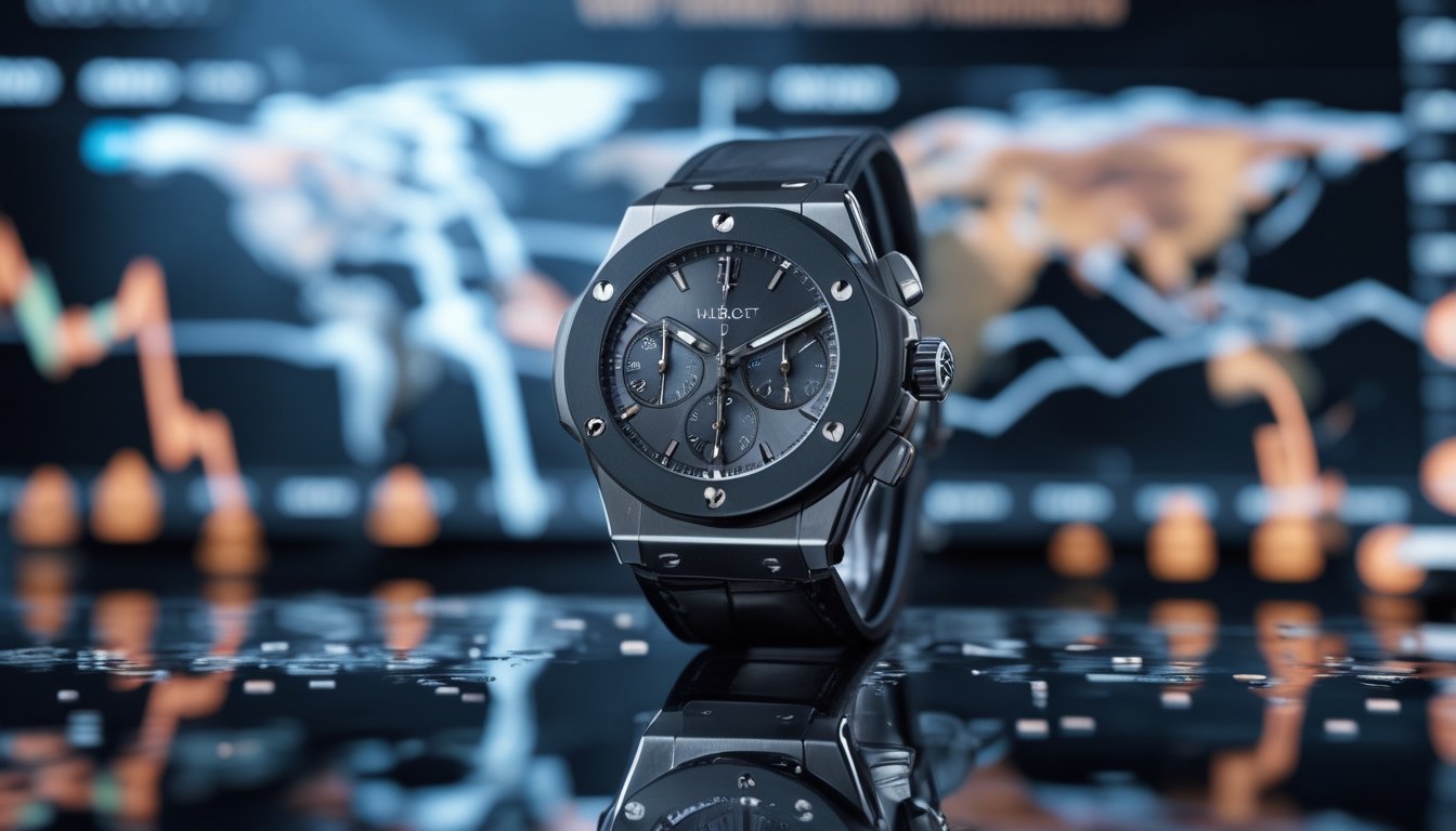 Sebuah jam tangan Hublot mewah dipajang di atas permukaan reflektif dengan latar belakang peta dunia dan grafik pasar keuangan.