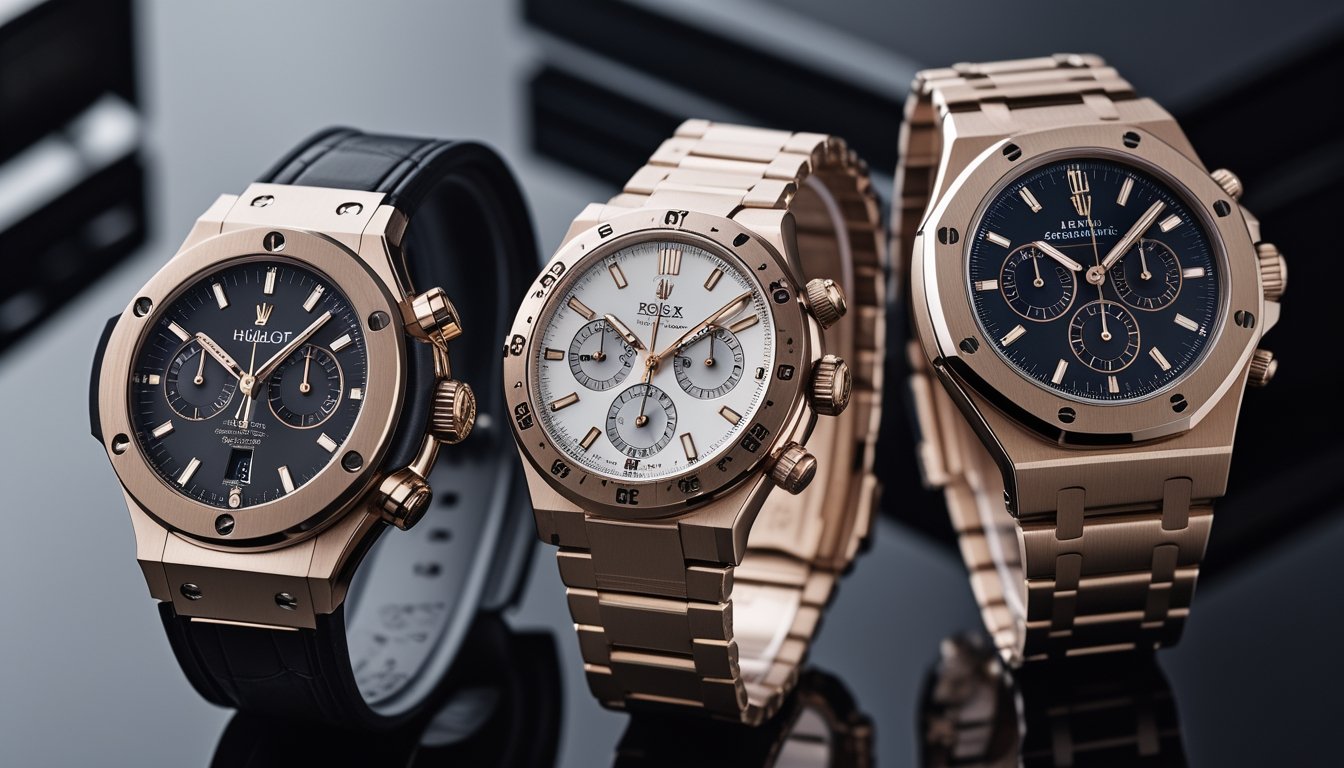 Tiga jam tangan mewah dari merek Hublot, Rolex, dan Audemars Piguet yang disusun berdampingan di atas permukaan hitam reflektif.