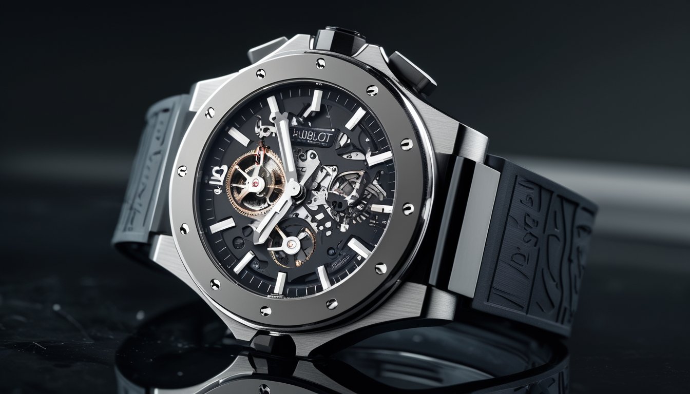 Jam tangan mewah Hublot edisi terbatas 2026 dengan desain unik, diletakkan di atas permukaan hitam yang reflektif.