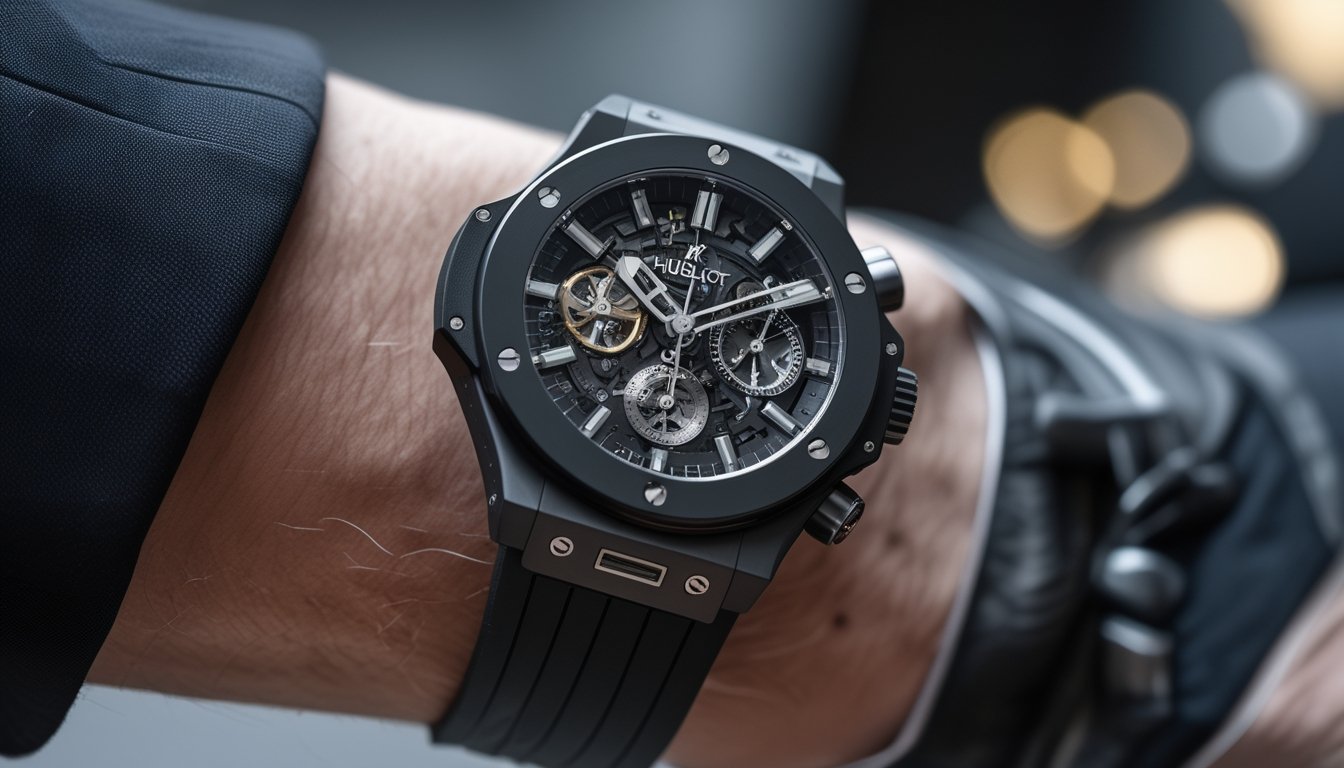 Foto close-up jam tangan Hublot asli yang dikenakan di pergelangan tangan dengan latar belakang toko mewah yang samar.