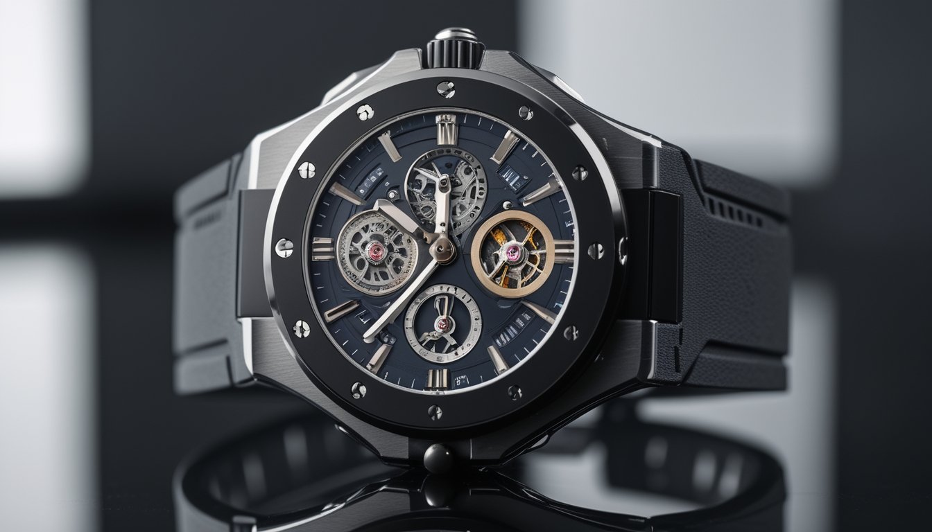 Jam tangan mewah dengan desain modern dan detail mekanis terlihat jelas, diletakkan di atas permukaan hitam yang reflektif.