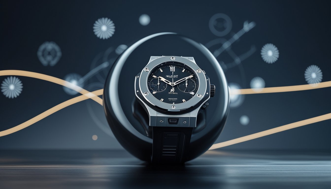 Foto jam tangan modern dengan desain elegan yang diletakkan di atas permukaan gelap dengan latar belakang abstrak yang menampilkan elemen mekanis dan cahaya lembut.