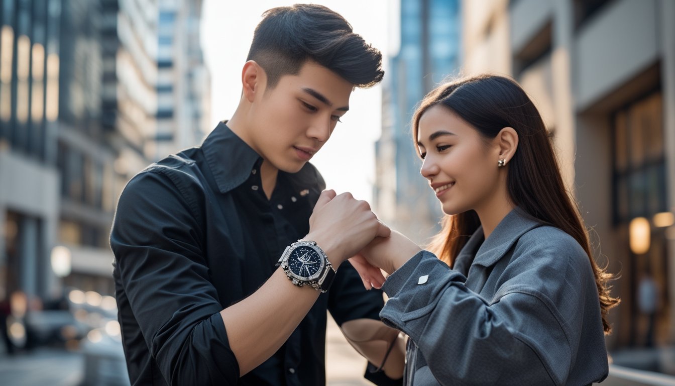 Dua kolektor muda sedang mengagumi jam tangan mewah di lingkungan perkotaan modern.