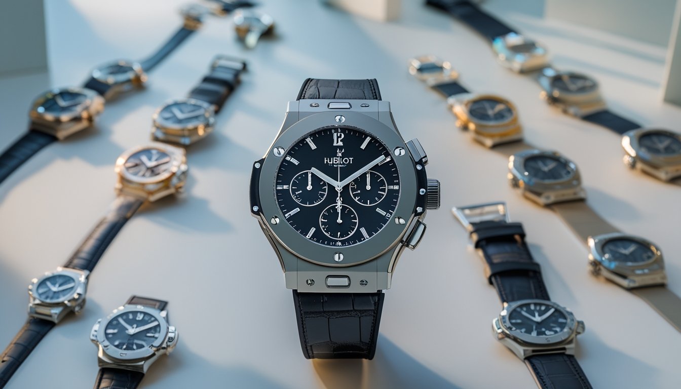 Beberapa jam tangan Hublot dari berbagai model yang ditampilkan secara berurutan, dengan satu jam tangan modern ditampilkan di tengah sebagai fokus utama.