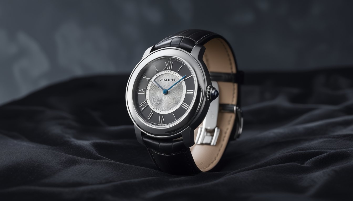 Sebuah jam tangan Cartier mewah dengan desain inovatif diletakkan di atas permukaan beludru hitam, menonjolkan detail dan kualitas tinggi jam tersebut.