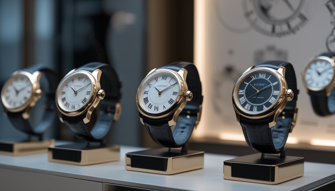 Beberapa jam tangan Cartier mewah dipajang di etalase modern dengan pencahayaan lembut, menonjolkan detail desain dan kualitasnya.