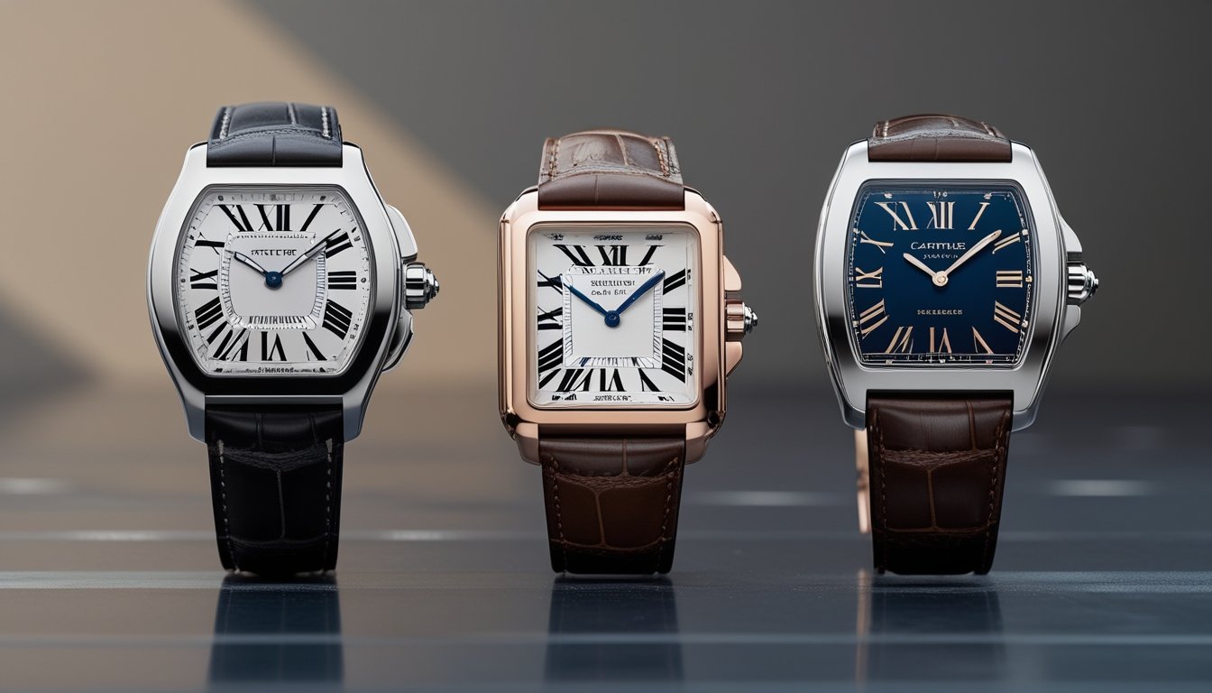 Tiga jam tangan mewah Cartier model Roadster, Privé, dan Santos-Dumont diletakkan rapi di permukaan gelap dengan pencahayaan lembut yang menonjolkan detail dan desainnya.