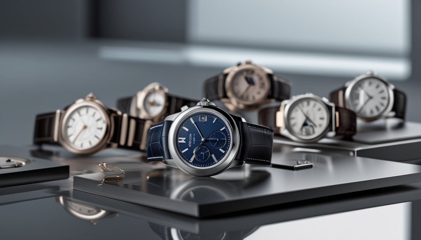 Beberapa jam tangan Cartier yang elegan ditampilkan rapi di atas permukaan reflektif dengan latar belakang yang samar.