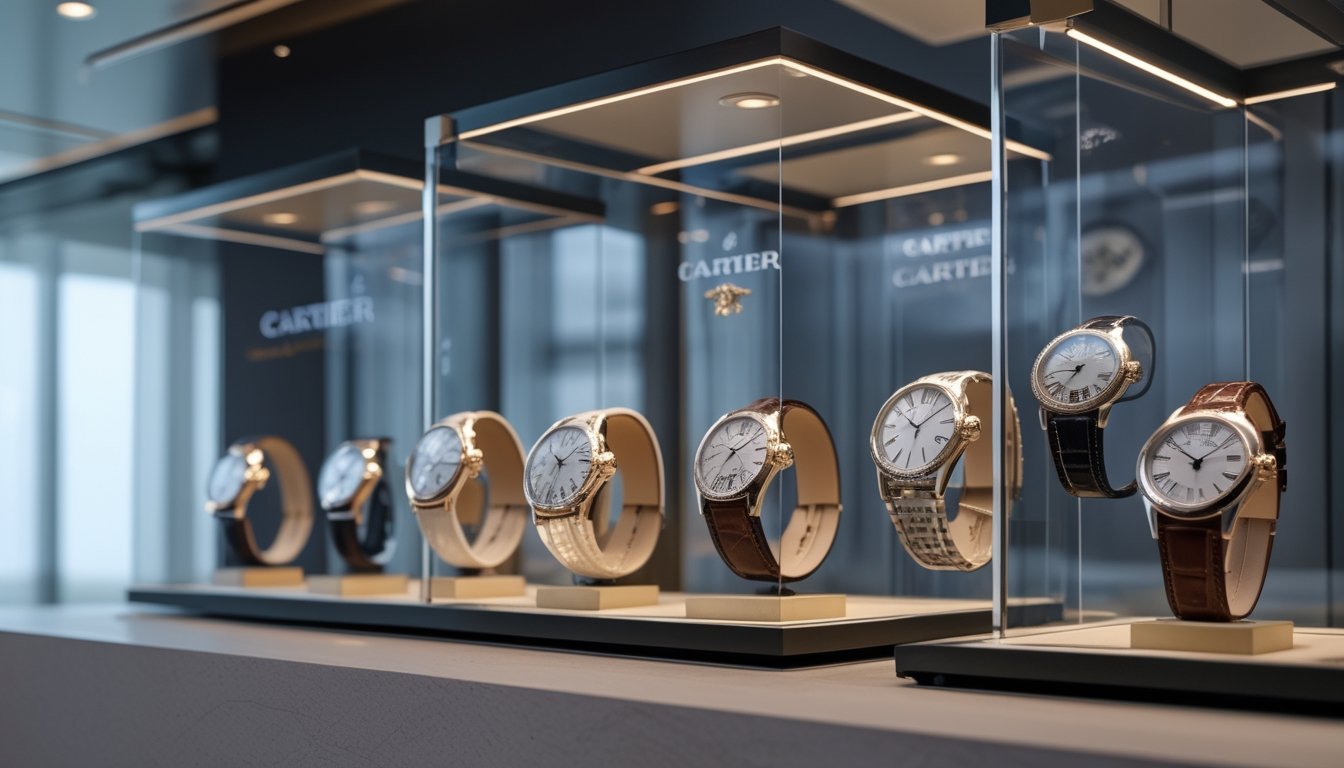Pameran jam tangan Cartier yang mewah dengan berbagai model klasik dan modern di ruang pamer yang elegan.