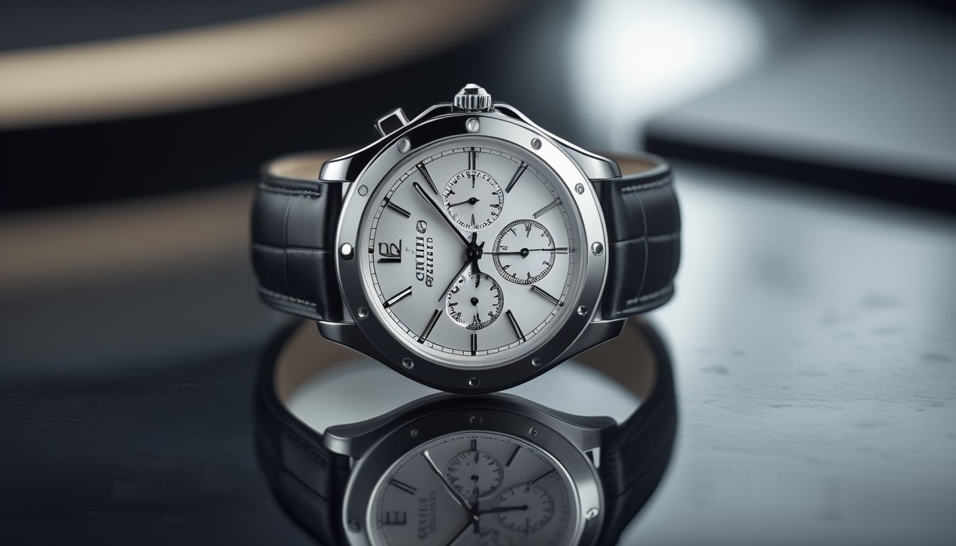 Jam tangan mewah Cartier model terbaru diletakkan di atas permukaan hitam yang reflektif.