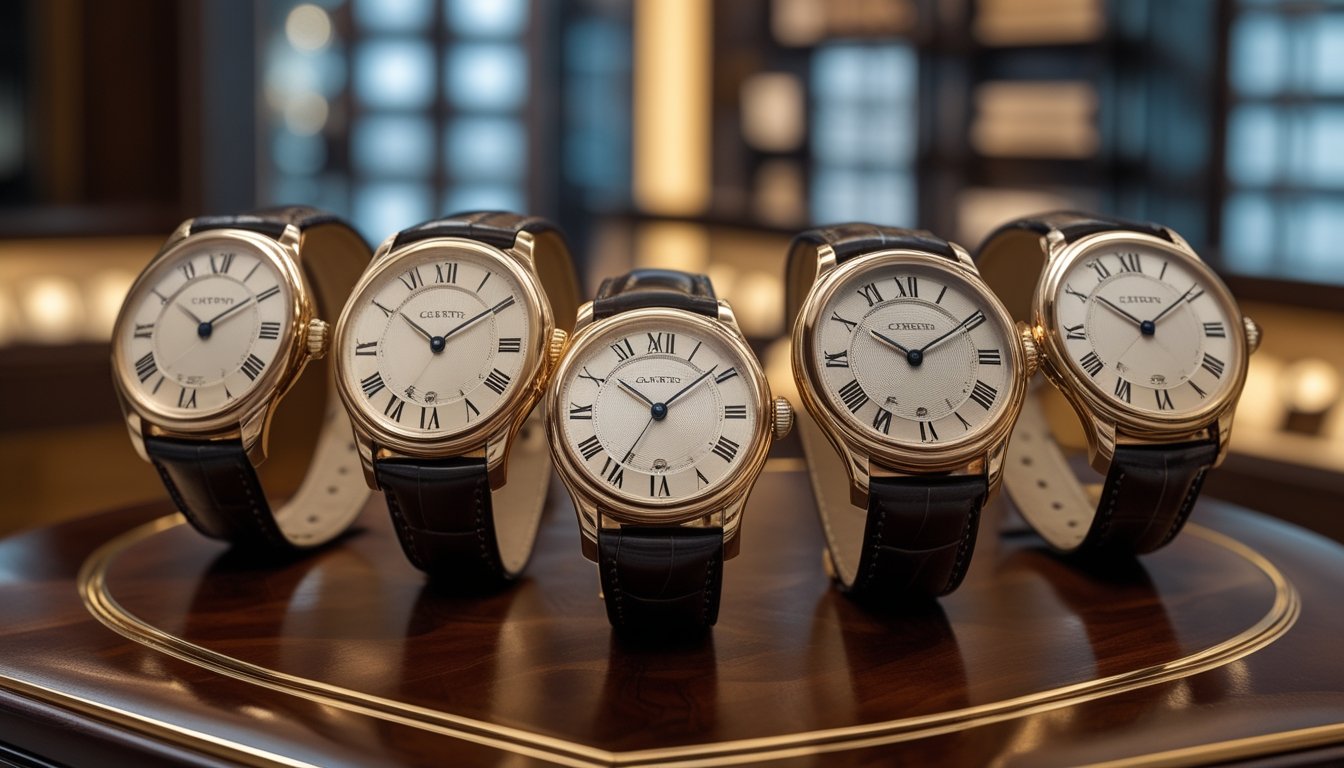 Beberapa jam tangan Cartier mewah dipajang di atas permukaan kayu dengan latar belakang butik jam tangan yang elegan.