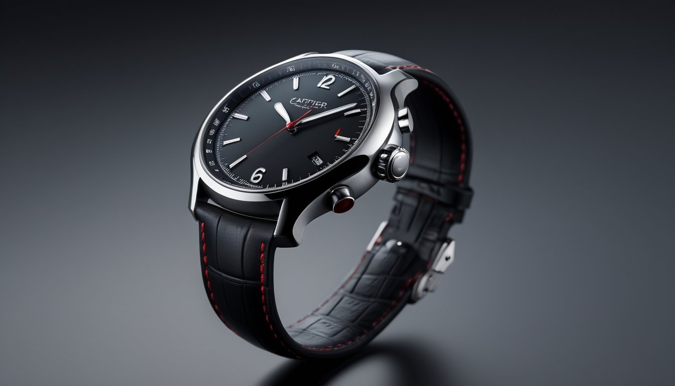 Jam tangan Cartier Roadster 2026 dengan desain bergaya otomotif, diletakkan di latar belakang gelap dengan pencahayaan yang menonjolkan detail dan kilau logamnya.
