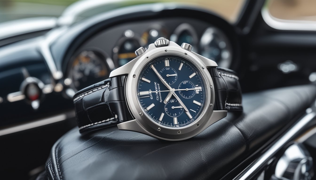 Foto jam tangan Cartier Roadster 2026 dengan desain otomotif, diletakkan di atas permukaan kulit hitam dengan latar belakang kabur dasbor mobil sport klasik.