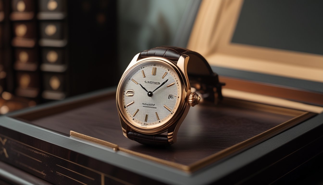 Foto jam tangan Cartier Privé edisi 2026 dengan desain vintage yang dipajang di atas permukaan kayu gelap dengan latar belakang buram dan suasana mewah.