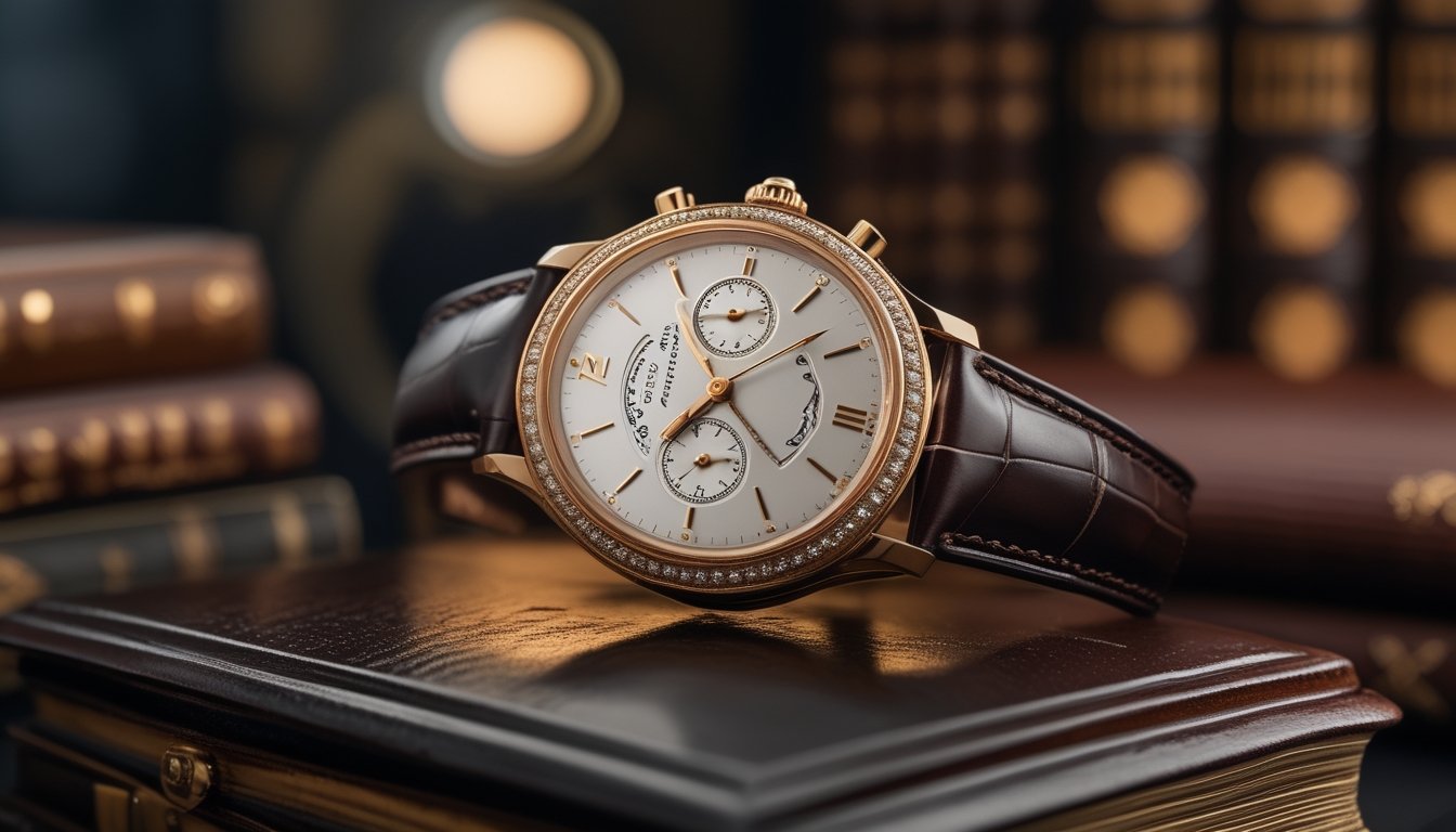 Sebuah jam tangan Cartier Privé vintage yang elegan diletakkan di atas permukaan kayu gelap dengan latar belakang ruang kolektor yang mewah.