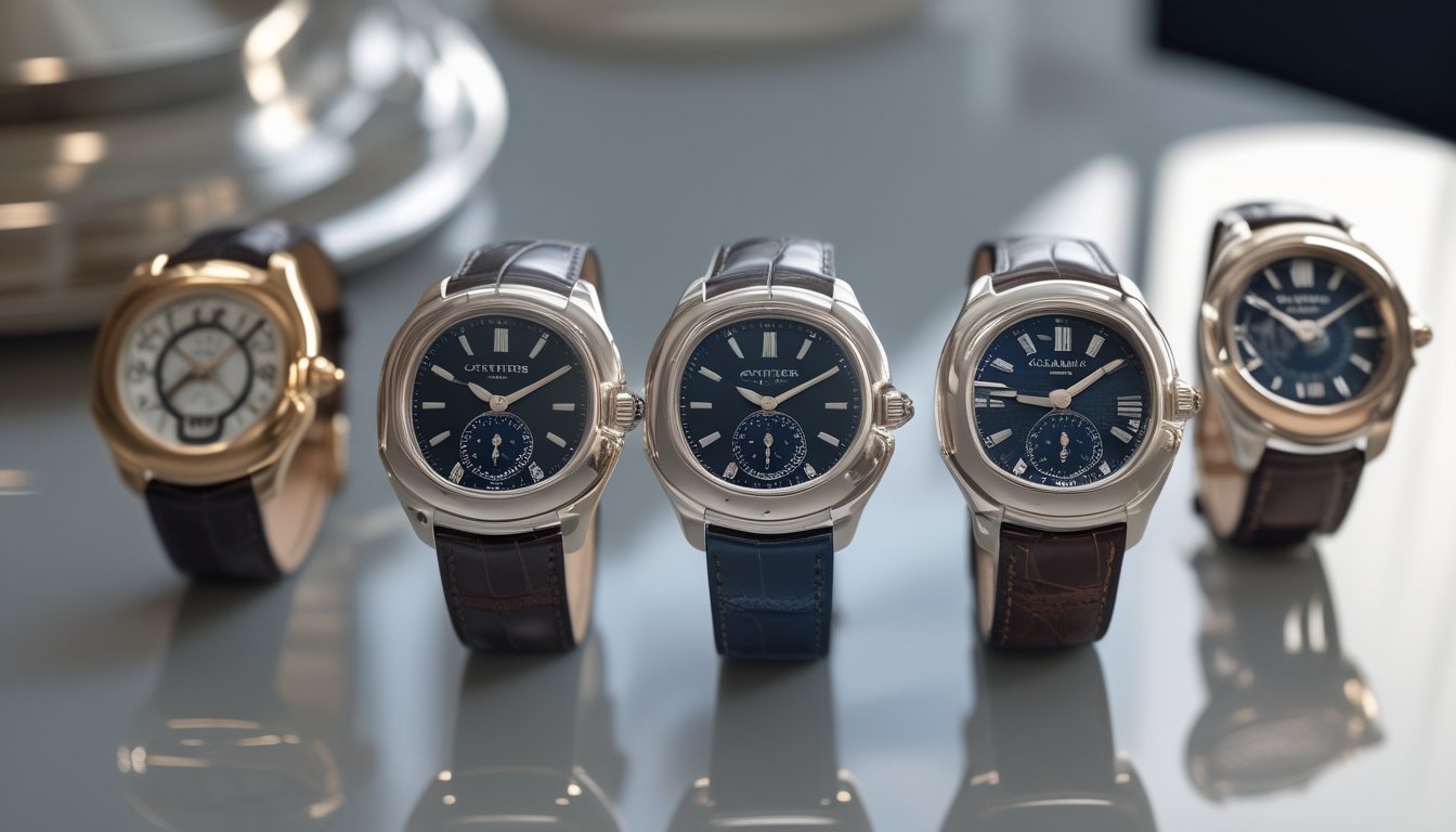 Beberapa jam tangan Cartier dengan desain unik dan bahan premium ditampilkan secara dekat di atas permukaan reflektif.