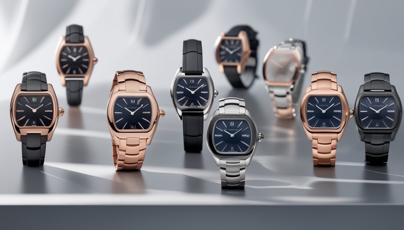 Beberapa jam tangan Cartier dengan desain unik dan bahan premium yang disusun rapi di atas permukaan reflektif.