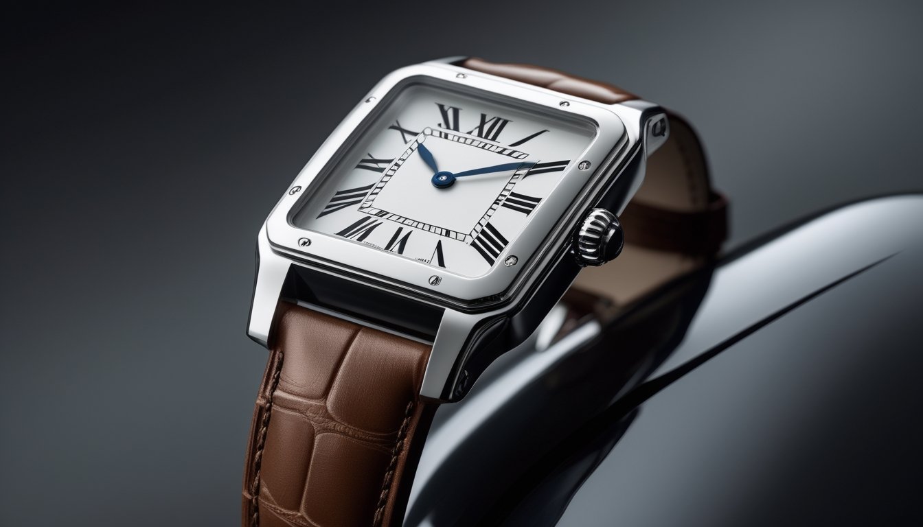 Jam tangan Cartier Santos-Dumont 2026 dengan desain elegan dan tali kulit cokelat, diletakkan di atas permukaan hitam reflektif.