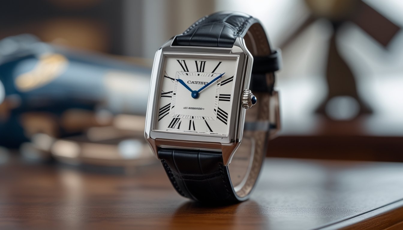 Jam tangan Cartier Santos-Dumont 2026 diletakkan di atas permukaan kayu dengan latar belakang kabur yang menampilkan suasana klasik.