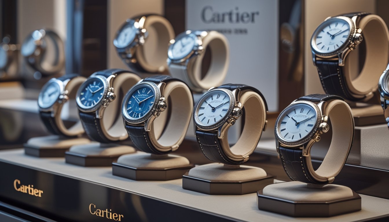 Deretan jam tangan mewah Cartier dari koleksi terbaru dan tahun sebelumnya yang ditampilkan secara berdampingan di dalam ruang pamer mewah.