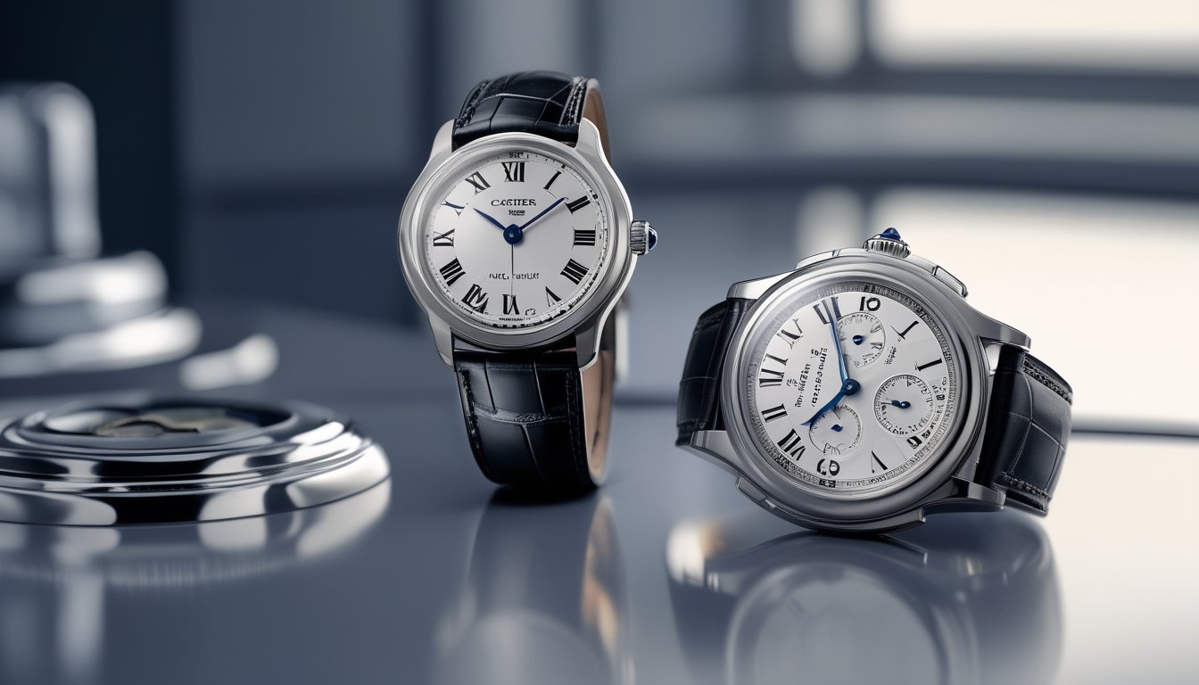 Dua jam tangan Cartier mewah berdampingan, menampilkan perbedaan desain antara koleksi tahun 2026 dan tahun sebelumnya, diletakkan di atas permukaan reflektif dengan latar belakang minimalis.