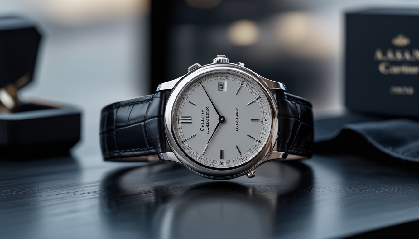 Jam tangan Cartier mewah dengan tali kulit dipajang di atas permukaan kayu gelap dengan latar belakang butik mewah.