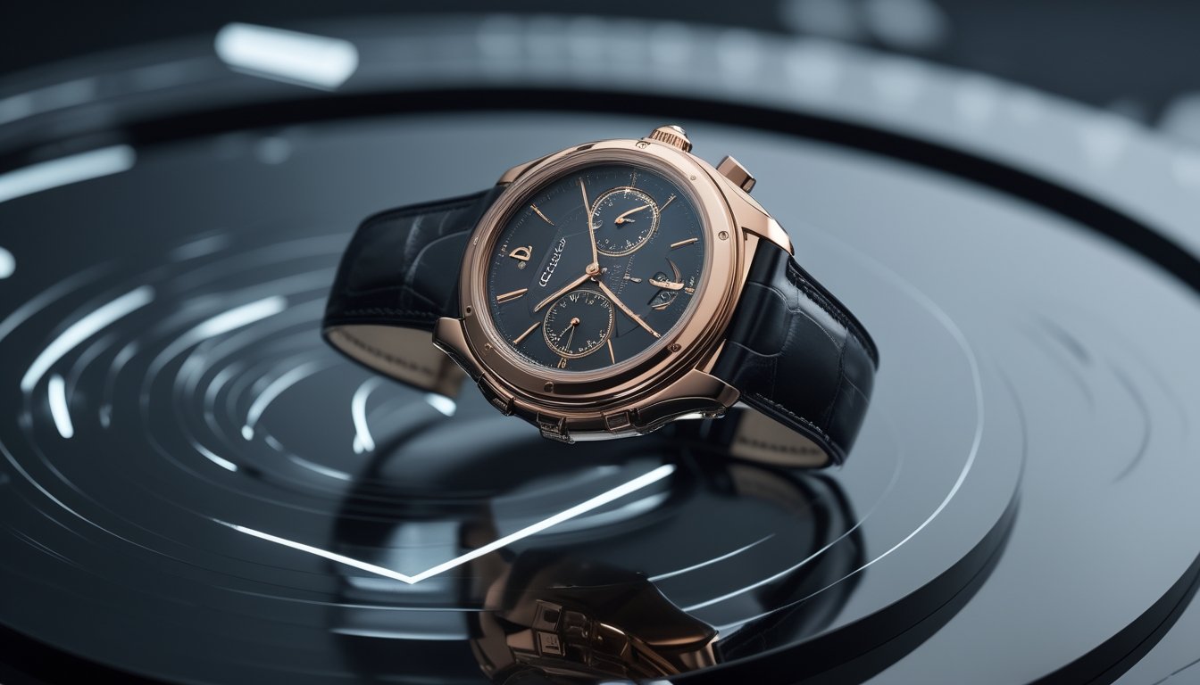 Sebuah jam tangan Cartier mewah dengan desain elegan diletakkan di atas permukaan hitam mengkilap dengan latar belakang abstrak yang menunjukkan inovasi dan evolusi.