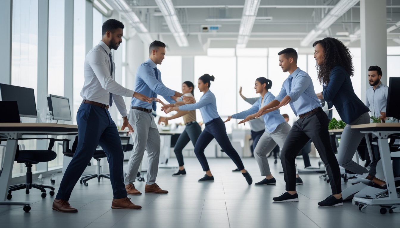 Sejumlah pekerja kantor sedang melakukan senam kesehatan bersama di ruang kantor yang terang dan luas.