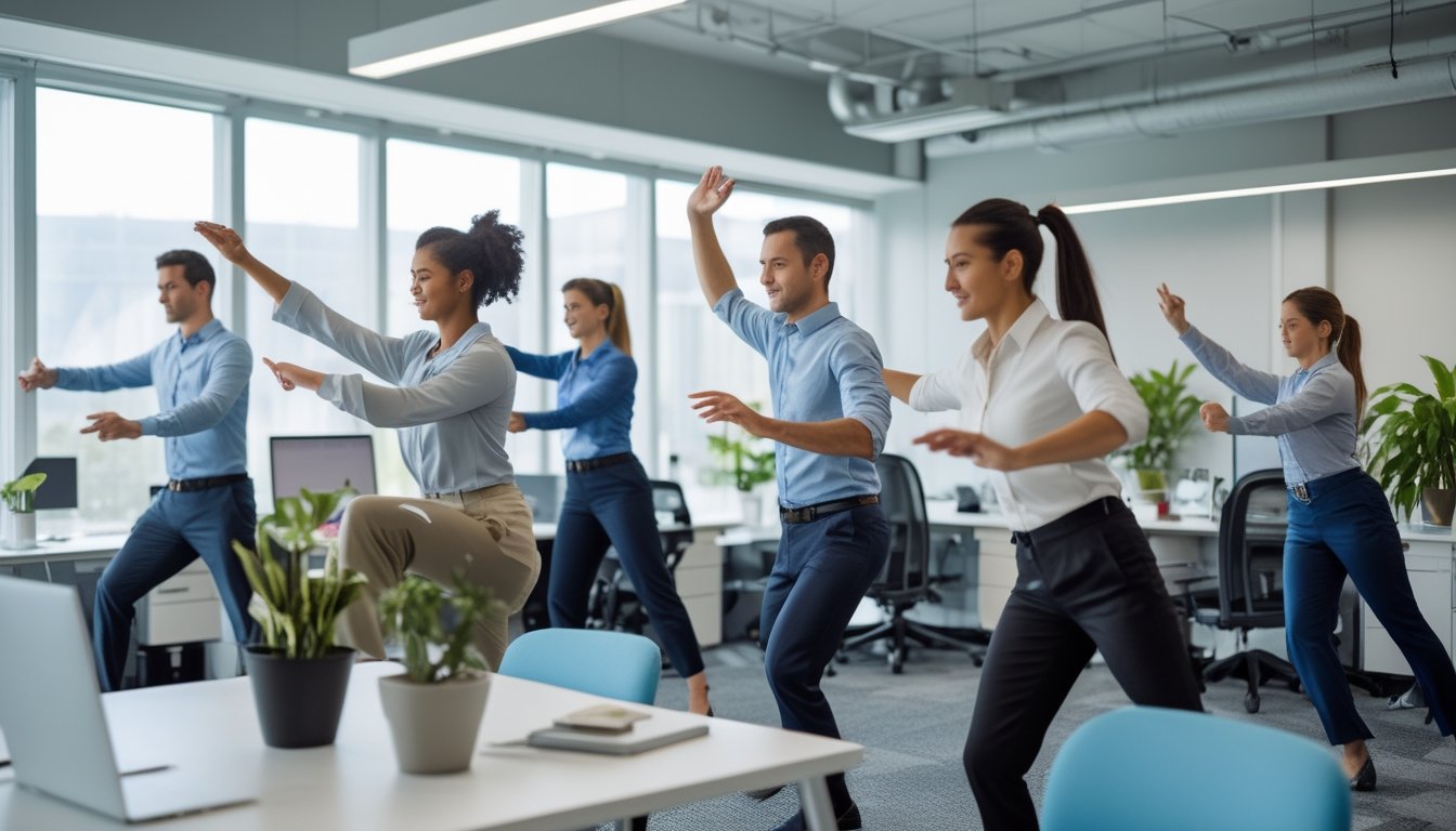 Sekelompok pekerja kantor melakukan senam kesehatan di ruang kerja modern dengan pencahayaan alami.