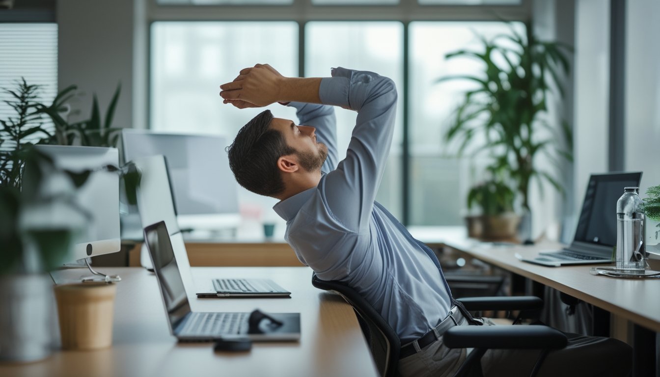 Seorang pekerja kantor sedang melakukan peregangan di mejanya untuk mengurangi kekakuan otot dan memperbaiki postur.