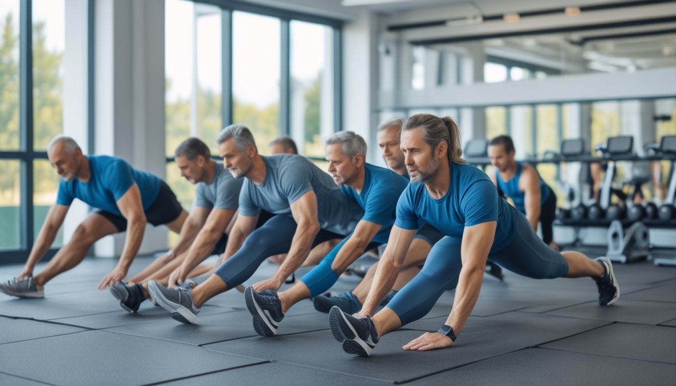 Sekelompok orang melakukan peregangan dinamis dan statis di dalam gym yang terang dan modern.