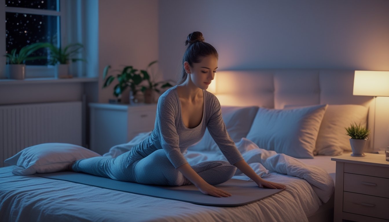 Seorang wanita melakukan peregangan lembut di samping tempat tidur di kamar tidur yang tenang dan nyaman pada malam hari.