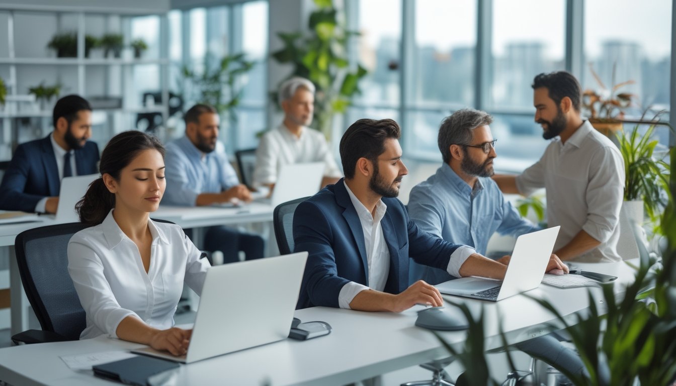 Karyawan di kantor modern sedang melakukan aktivitas untuk meningkatkan kebugaran mental, seperti meditasi, peregangan, dan berbincang santai di dekat jendela dengan cahaya alami.