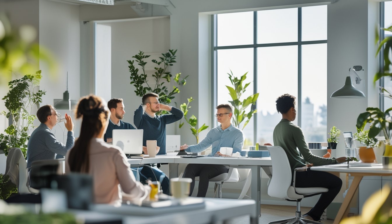 Kantor modern dengan karyawan melakukan aktivitas untuk meningkatkan kebugaran mental seperti latihan pernapasan, istirahat dengan minuman hangat, dan ruang kerja yang rapi dengan tanaman hijau.