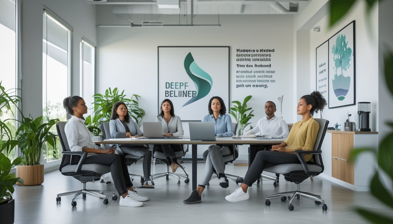 Sejumlah karyawan di kantor sedang melakukan latihan relaksasi dan mindfulness bersama di ruang kerja yang terang dan nyaman.