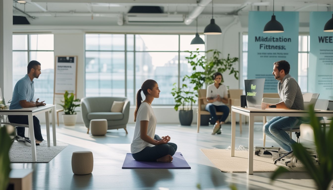 Karyawan di kantor modern melakukan aktivitas relaksasi dan latihan pernapasan untuk kebugaran mental.
