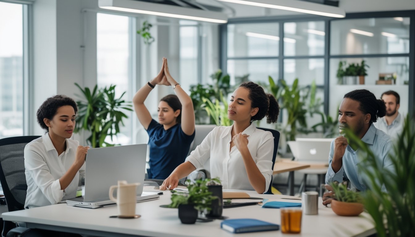 Sejumlah pekerja kantor di lingkungan modern sedang melakukan aktivitas kebugaran mental seperti bernapas dalam, peregangan, dan istirahat dengan teh di ruang santai yang nyaman.