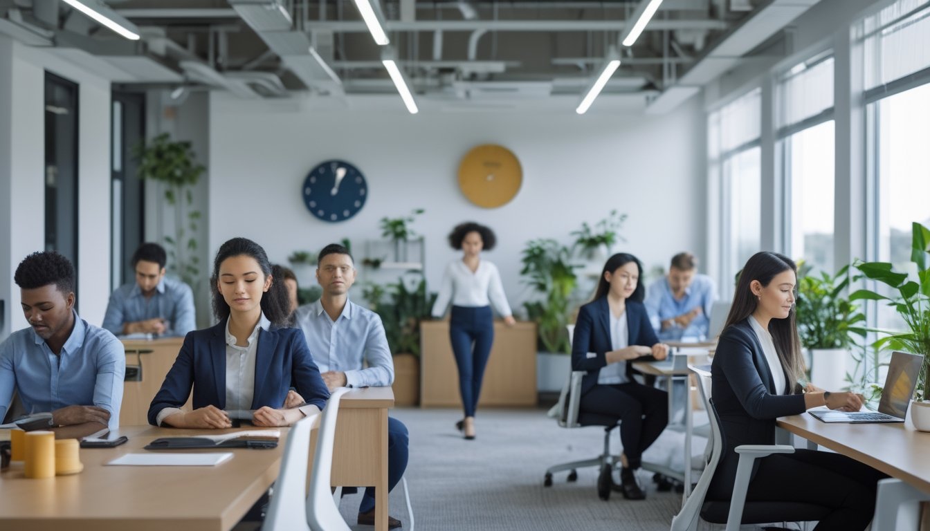Karyawan di kantor modern sedang melakukan aktivitas relaksasi dan kebugaran mental seperti kompresi dan peregangan di ruang kerja yang terang dan nyaman.