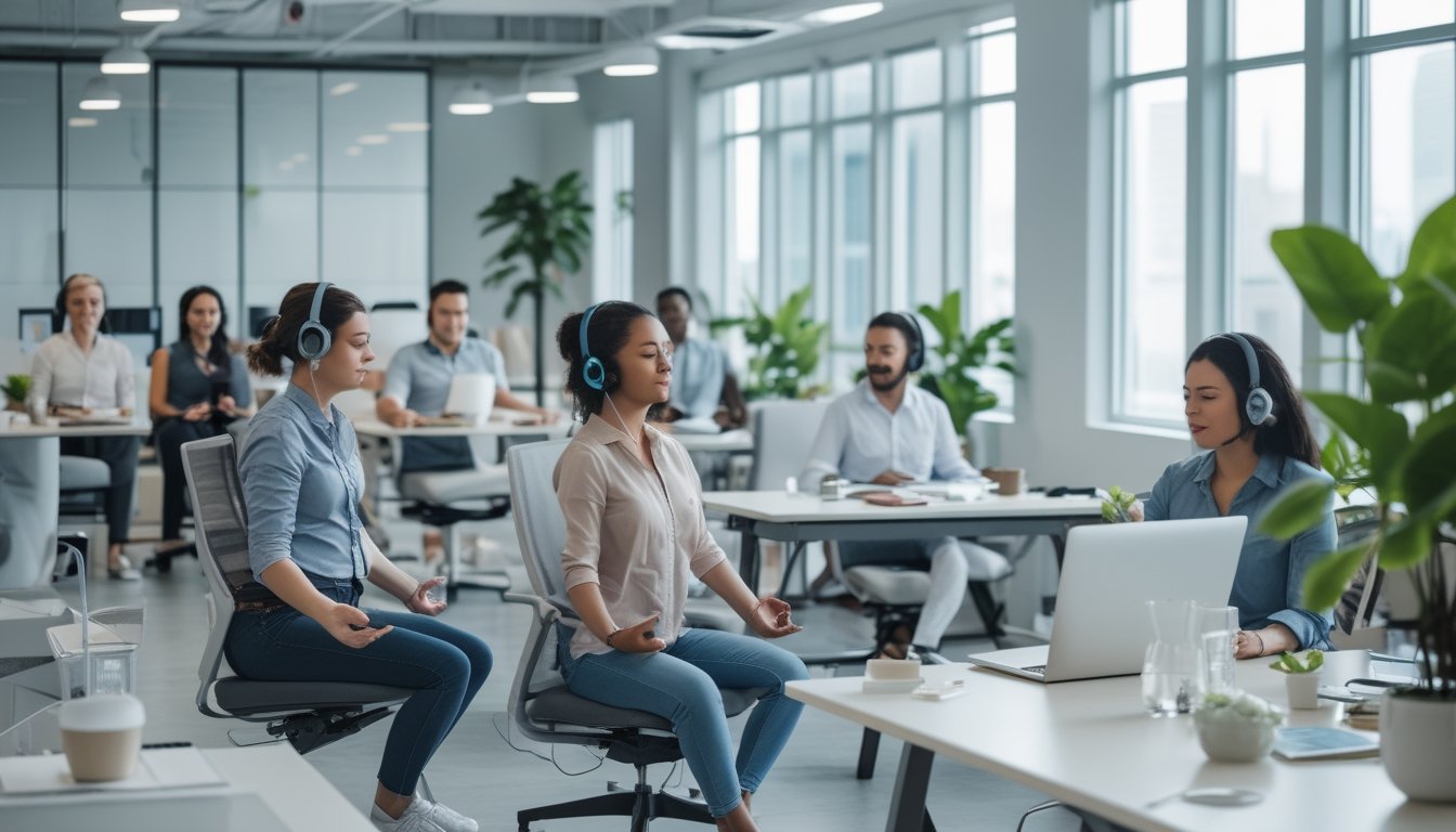 Karyawan di kantor modern sedang melakukan aktivitas kebugaran mental seperti bersepeda dan peregangan untuk meningkatkan fokus kerja.