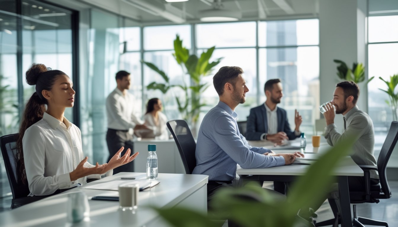 Beberapa pekerja kantor sedang melakukan aktivitas untuk menjaga kebugaran mental seperti meditasi, peregangan, minum air, dan berbincang santai di ruang kantor yang terang dan rapi.