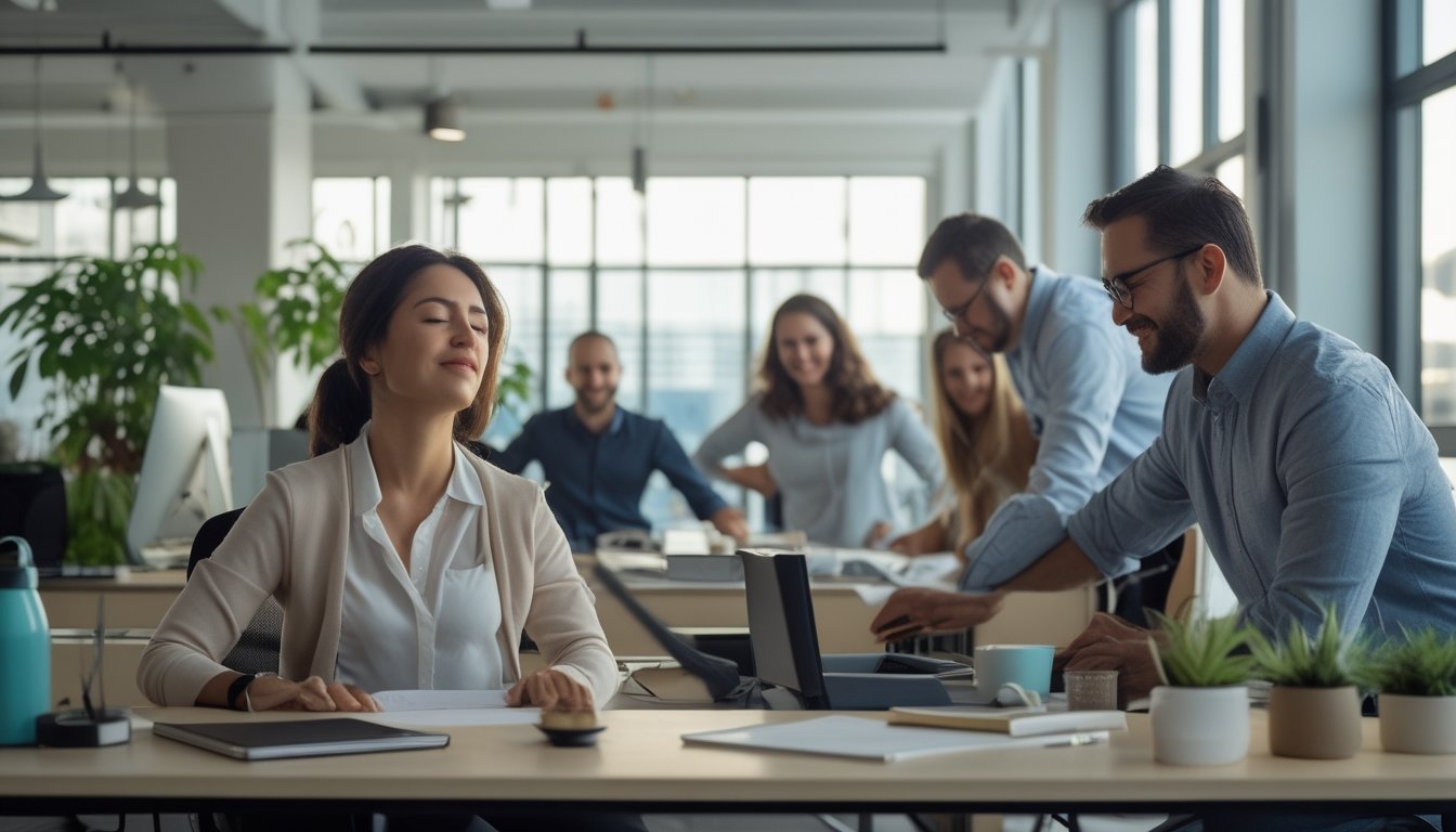 Orang-orang yang bekerja di kantor sambil sibuk melakukan kebiasaan menjaga kebugaran mental seperti bernapas dengan tenang, peregangan, dan berbincang santai.